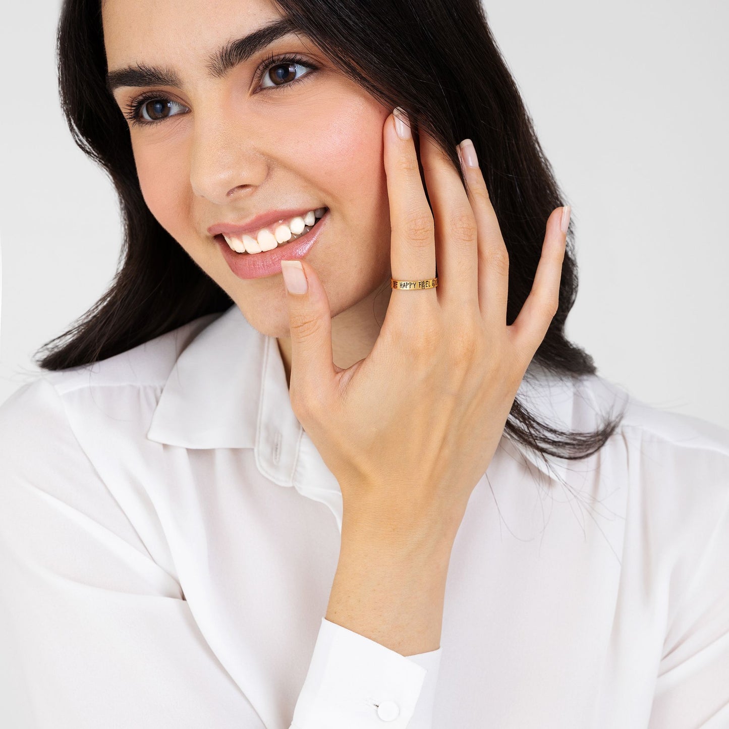 GOLD STEEL WOMEN'S RING BE HAPPY FEEL GOOD