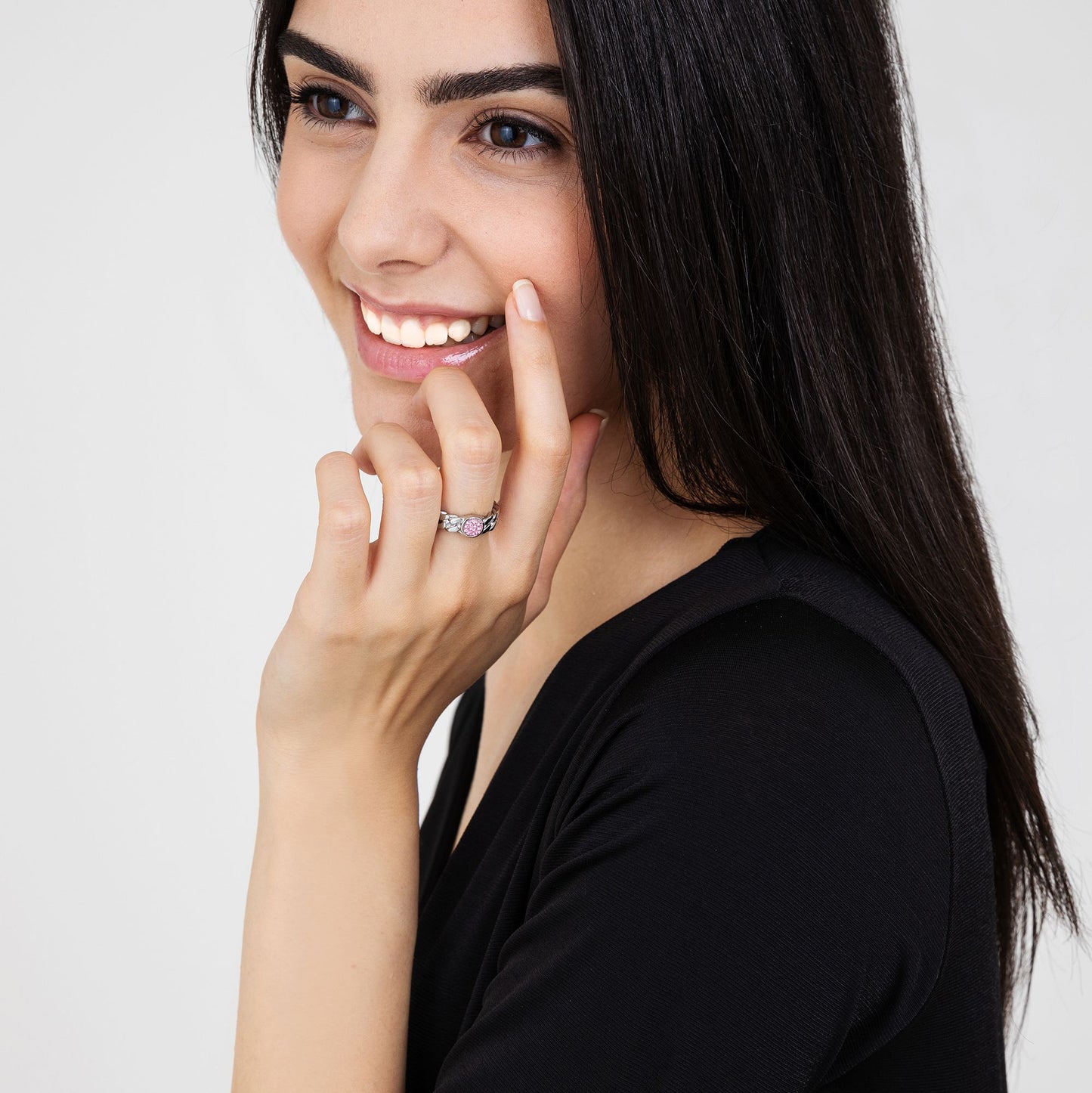 WOMEN'S STEEL RING WITH PINK CRYSTAL