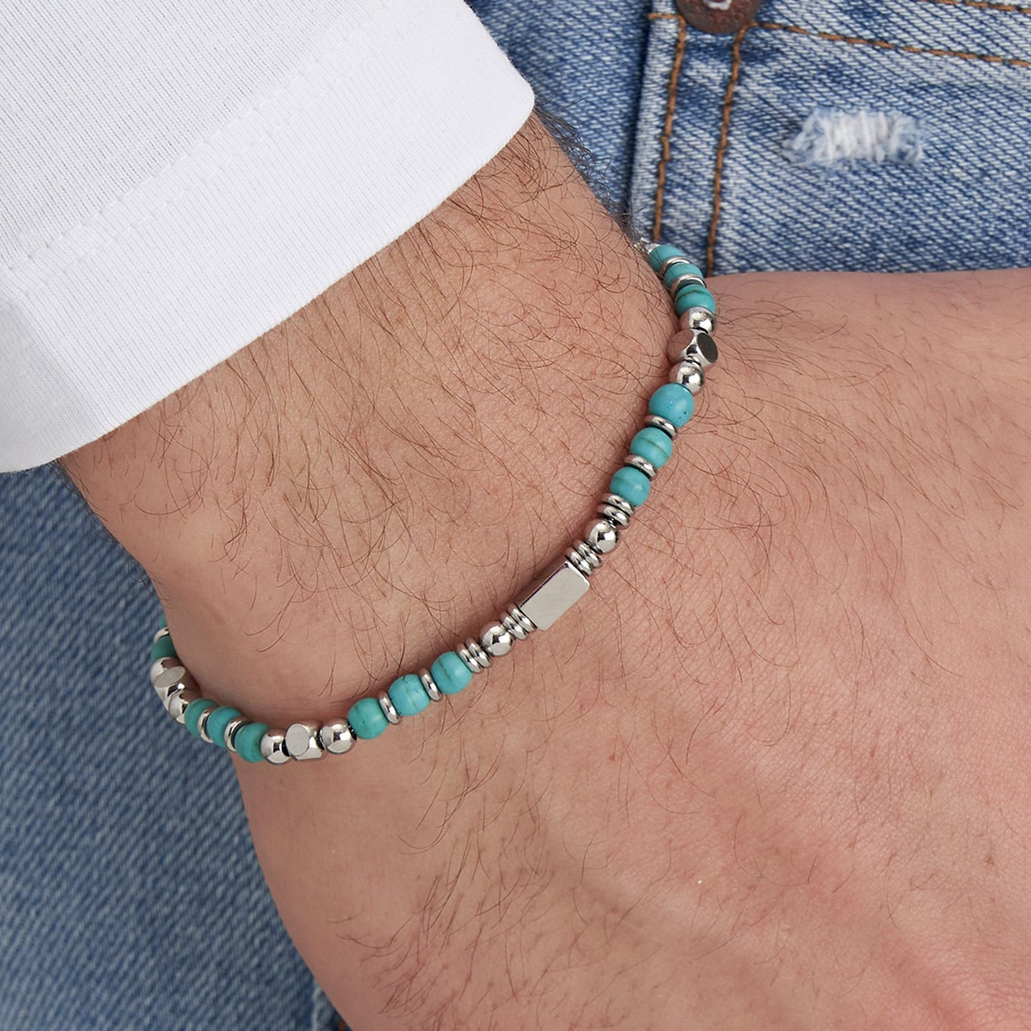 STEEL MEN'S BRACELET WITH TURQUOISE STONES