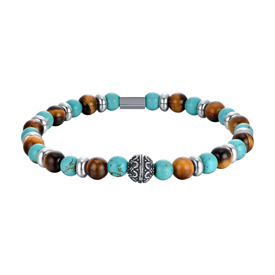MEN'S ELASTIC BRACELET WITH TURQUOISE AND TIGER EYE STONES AND ELEMENTS