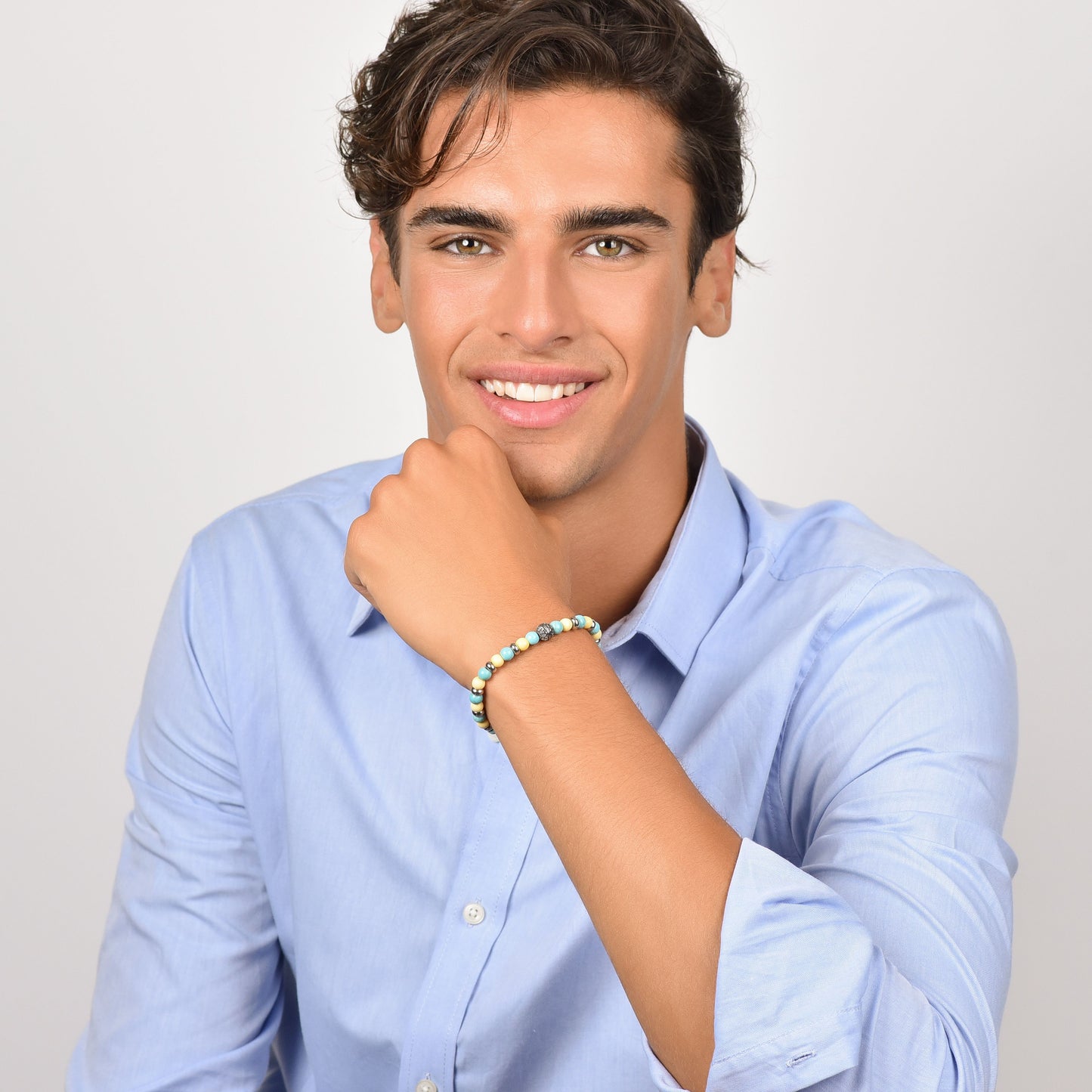 MEN'S ELASTIC BRACELET WITH TURQUOISE AND YELLOW STONES AND STEEL ELEMENTS