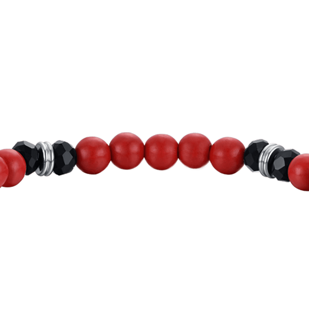 MEN'S ELASTIC BRACELET WITH RED AND BLACK STONES AND BLACK HORN