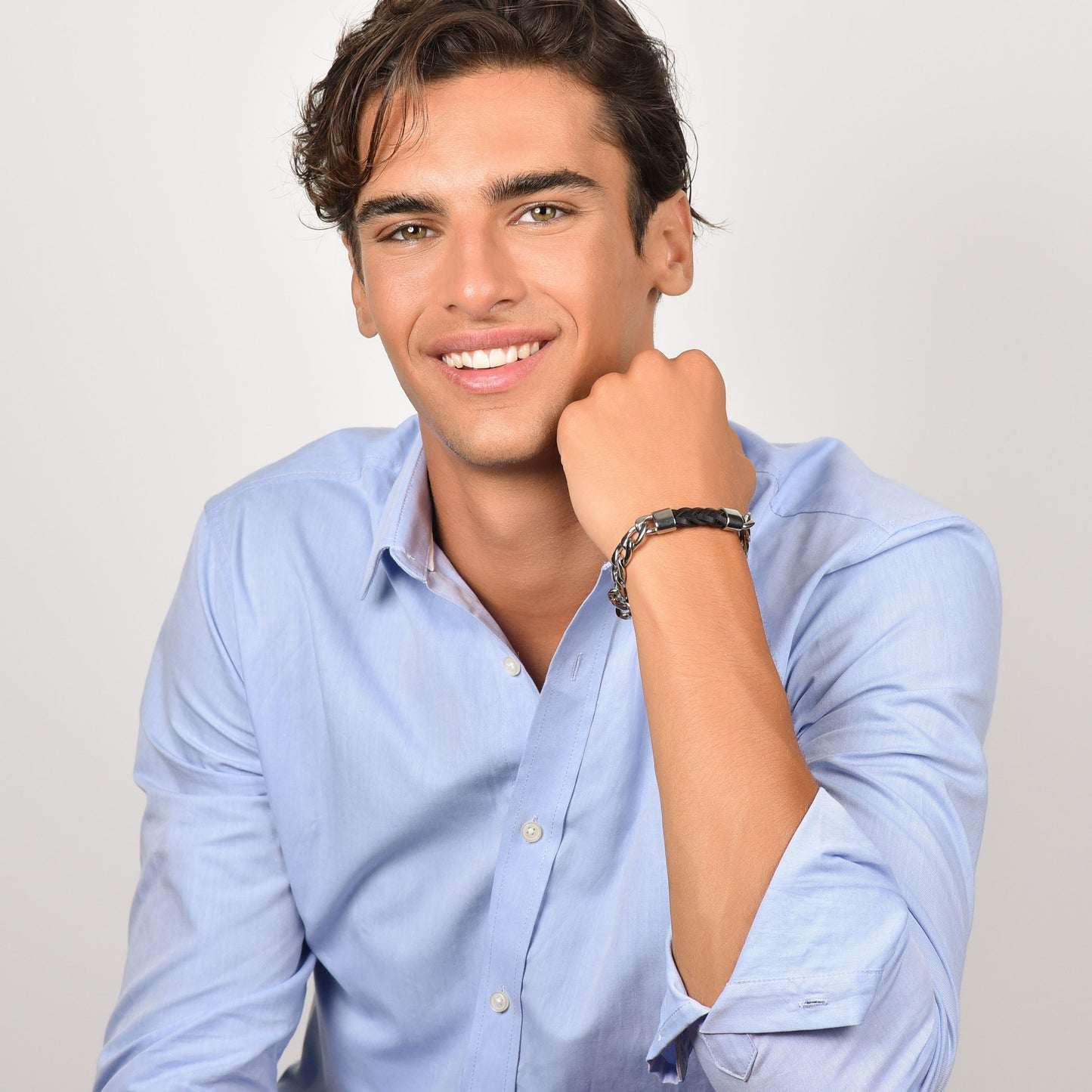 STEEL MEN'S BRACELET WITH BLACK LEATHER ELEMENT