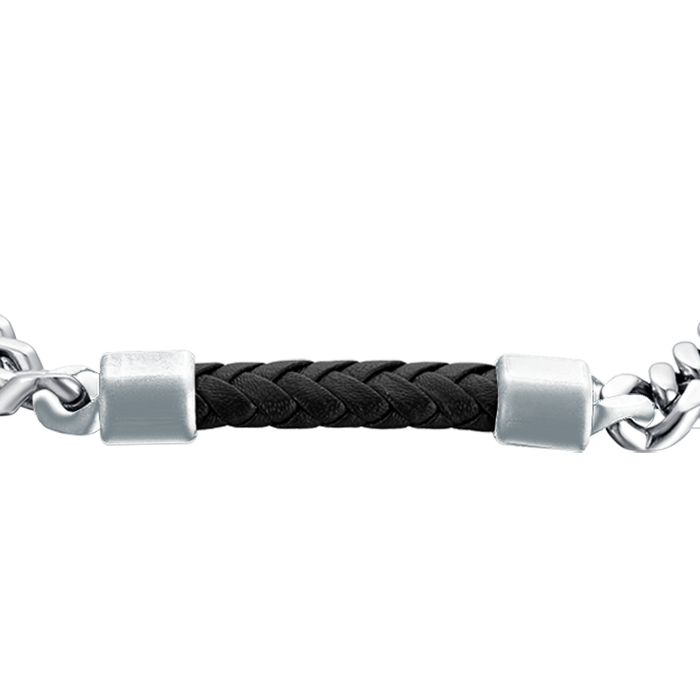 STEEL MEN'S BRACELET WITH BLACK LEATHER ELEMENT