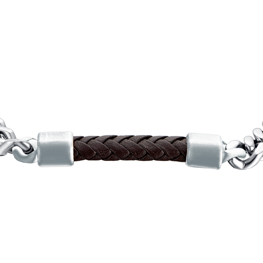 STEEL MEN'S BRACELET WITH BROWN LEATHER ELEMENT