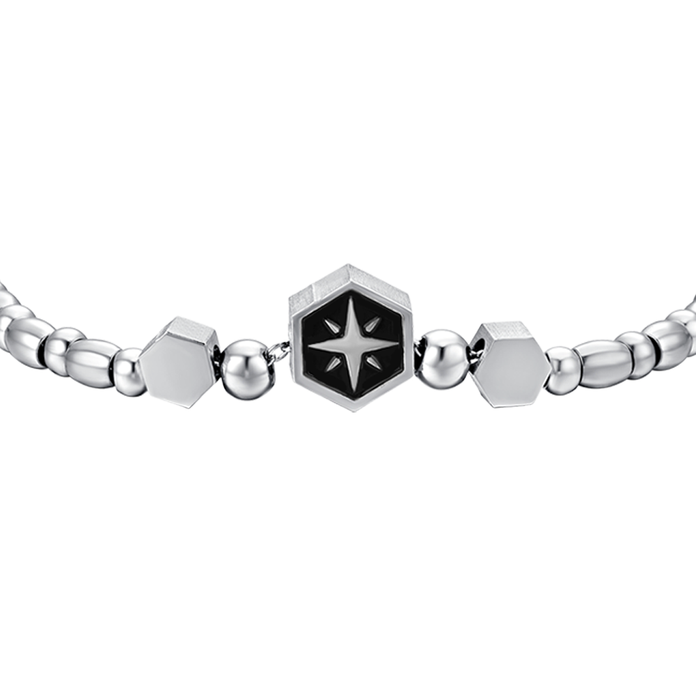 MEN'S STEEL ELEMENT BRACELET WITH SILVER COMPASS ROSE AND BLACK ENAMEL