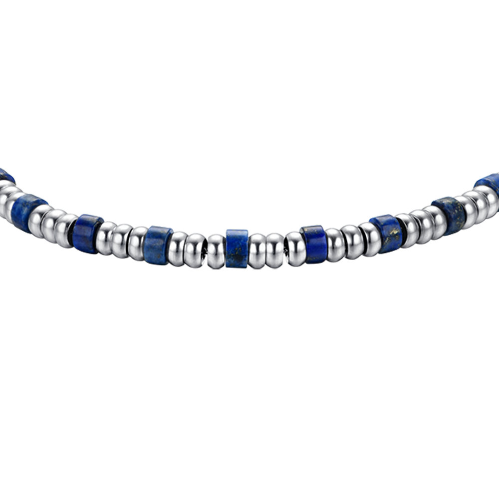 STEEL MEN'S BRACELET WITH SILVER ELEMENTS AND BLUE STONES