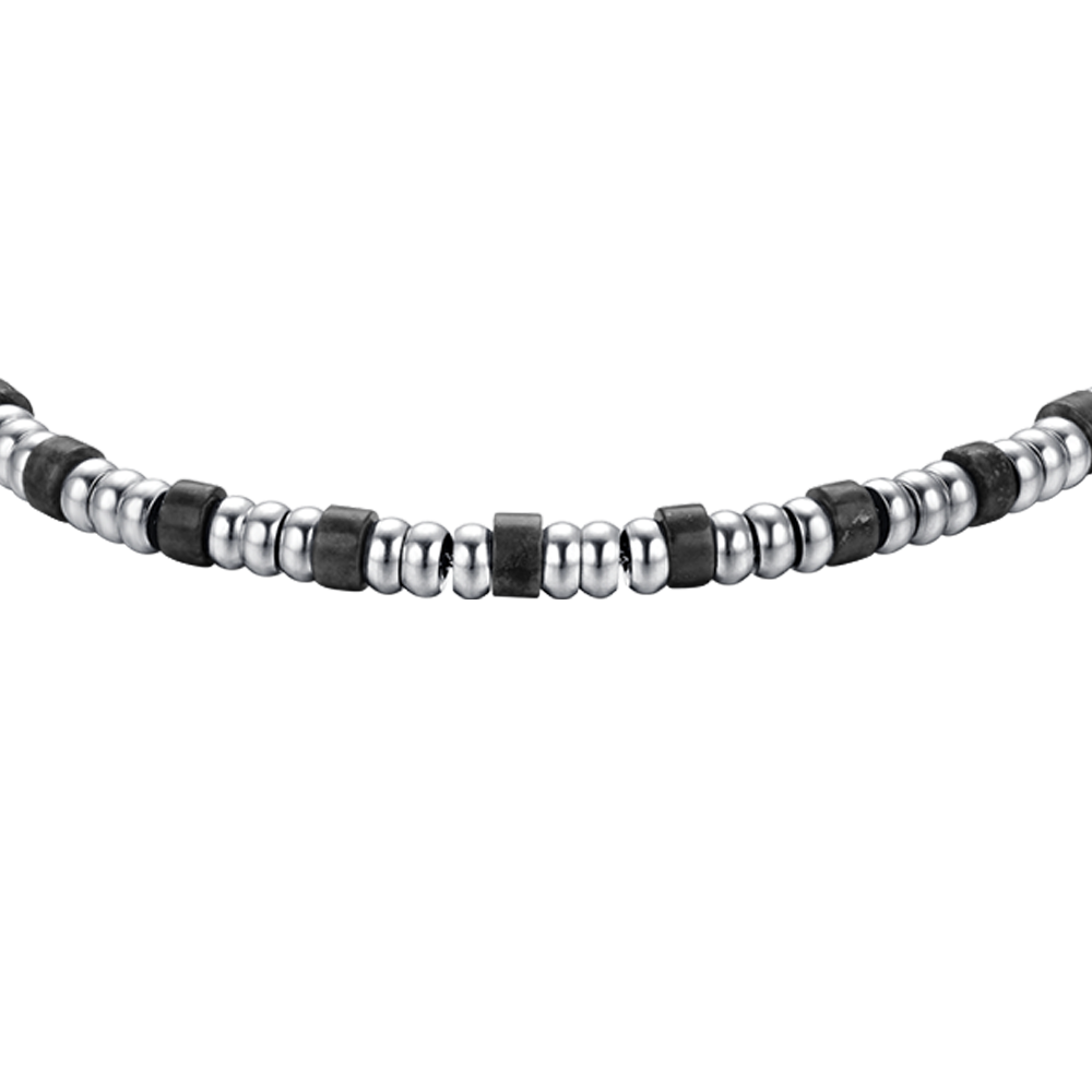 STEEL MEN'S BRACELET WITH SILVER ELEMENTS AND BLACK STONES
