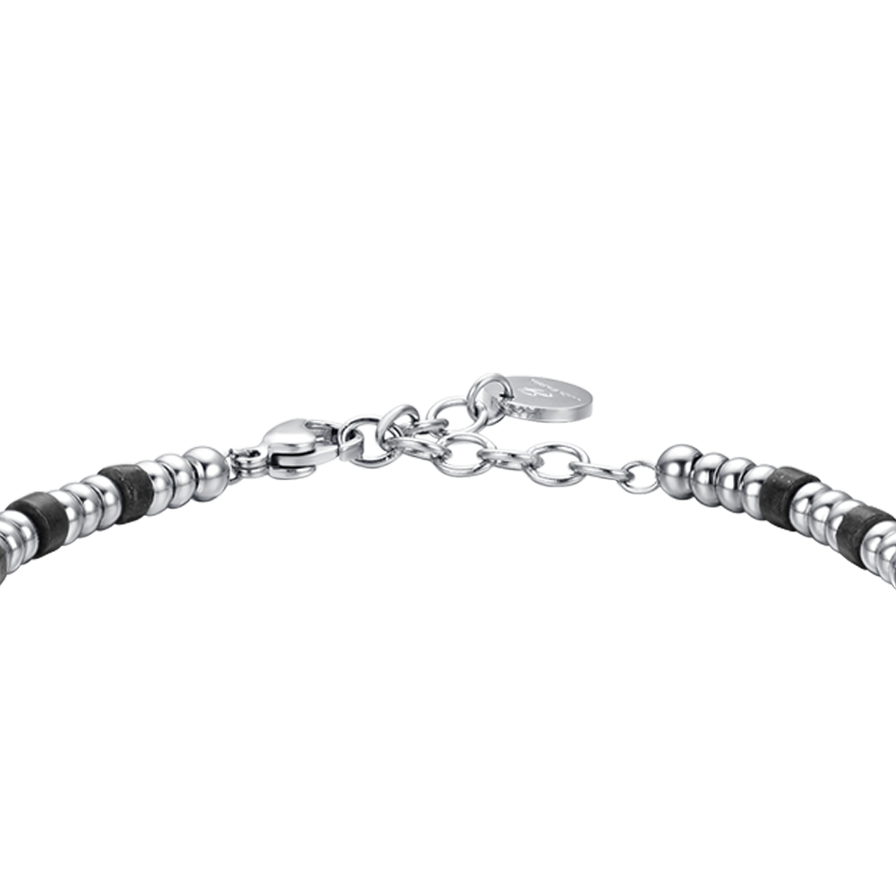 STEEL MEN'S BRACELET WITH SILVER ELEMENTS AND BLACK STONES
