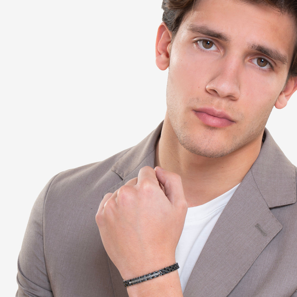 STEEL AND BLACK CERAMIC MEN'S BRACELET WITH BLACK CRYSTALS