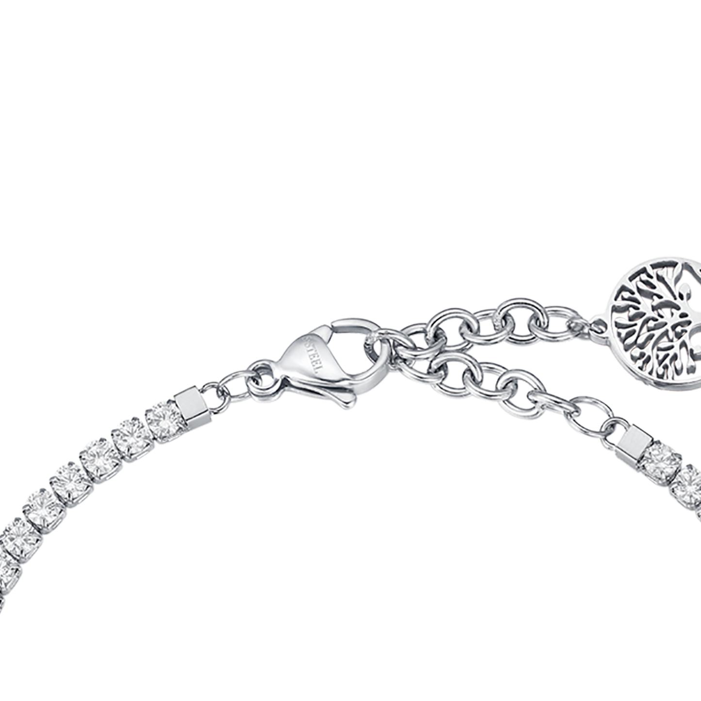 STEEL BRACELET WITH TREE OF LIFE AND WHITE CRYSTALS
