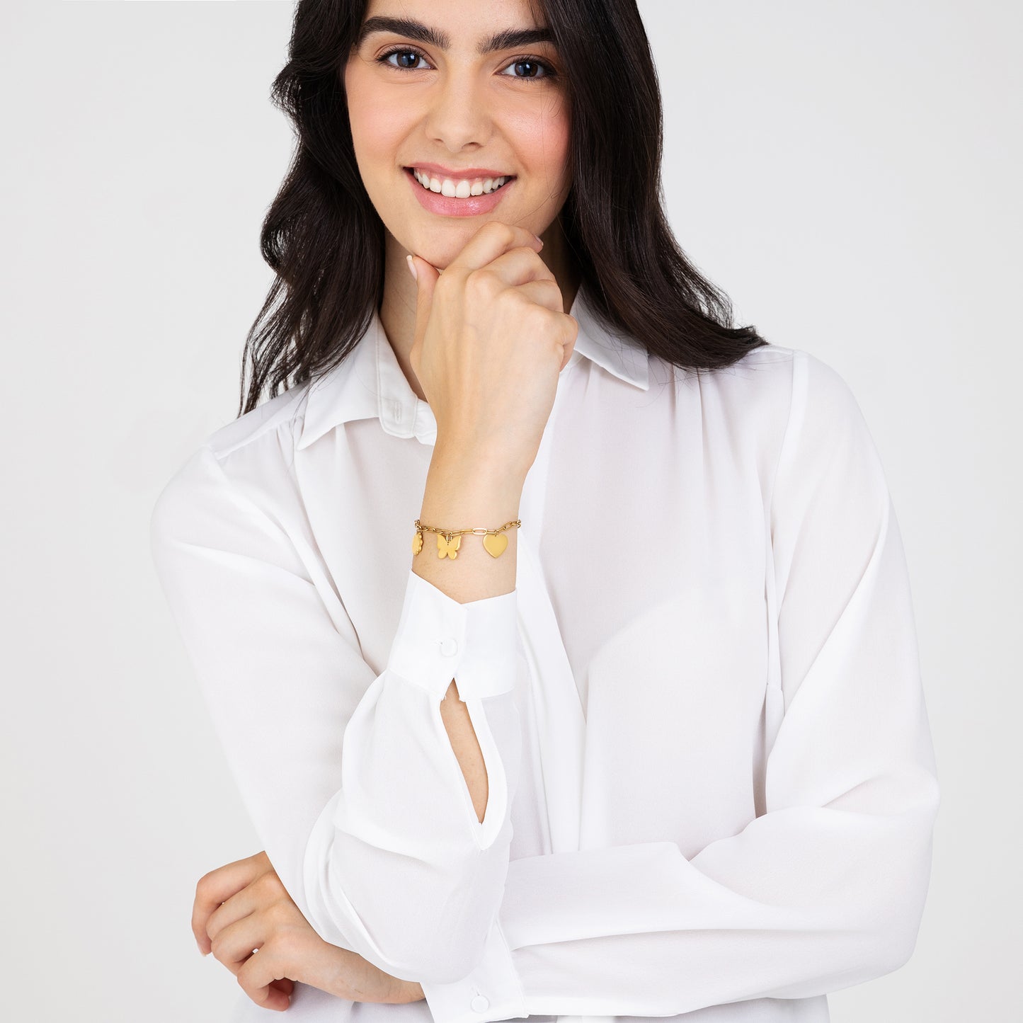 GOLD STEEL WOMEN'S BRACELET WITH HEART, BUTTERFLY AND FOUR-LEAF CLOVER