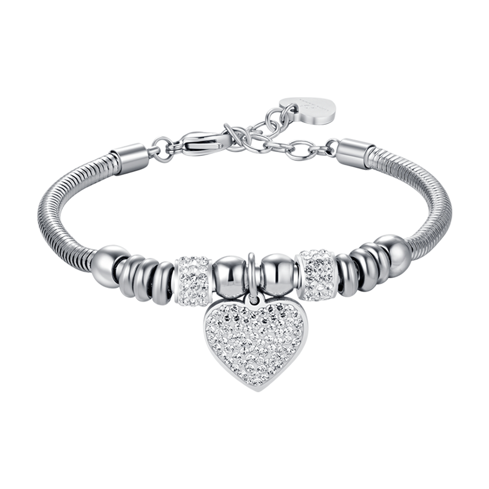 WOMEN'S STEEL HEART BRACELET WITH WHITE CRYSTALS