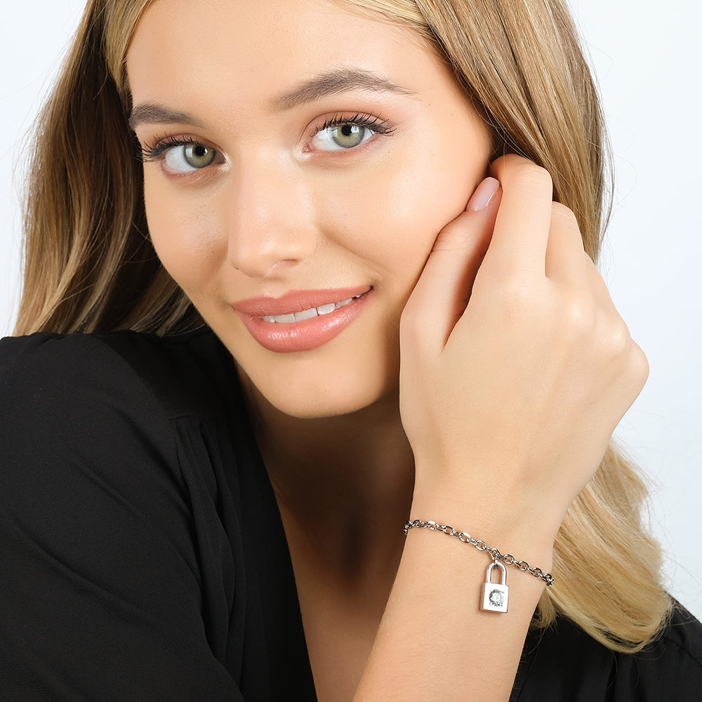 WOMEN'S STEEL PADLOCK BRACELET WITH WHITE CRYSTAL