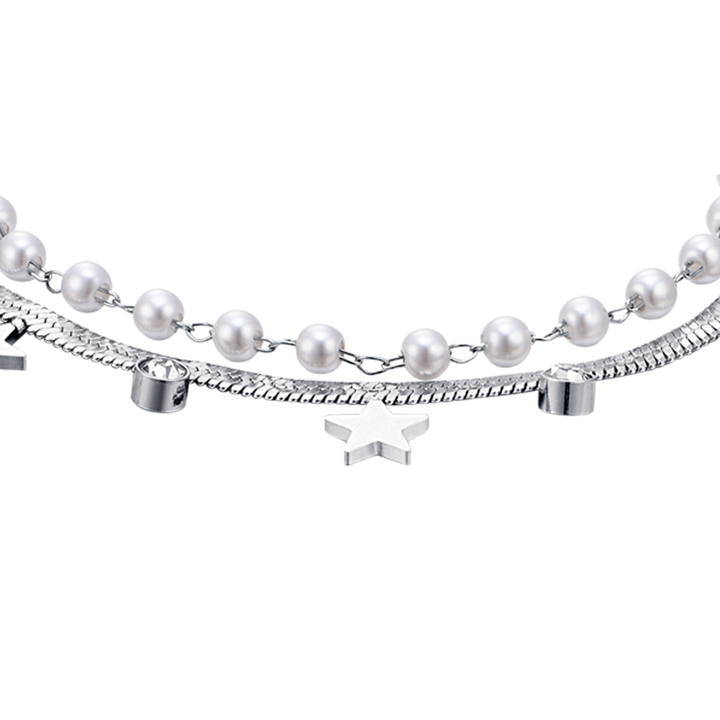 WOMEN'S STEEL BRACELET WITH WHITE PEARLS, STARS AND CRYSTALS