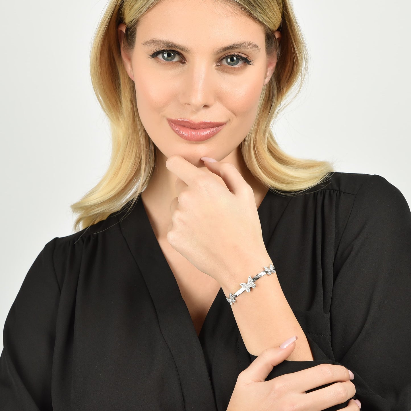 WOMEN'S SNAKE STEEL BRACELET WITH BUTTERFLIES WITH WHITE CRYSTALS