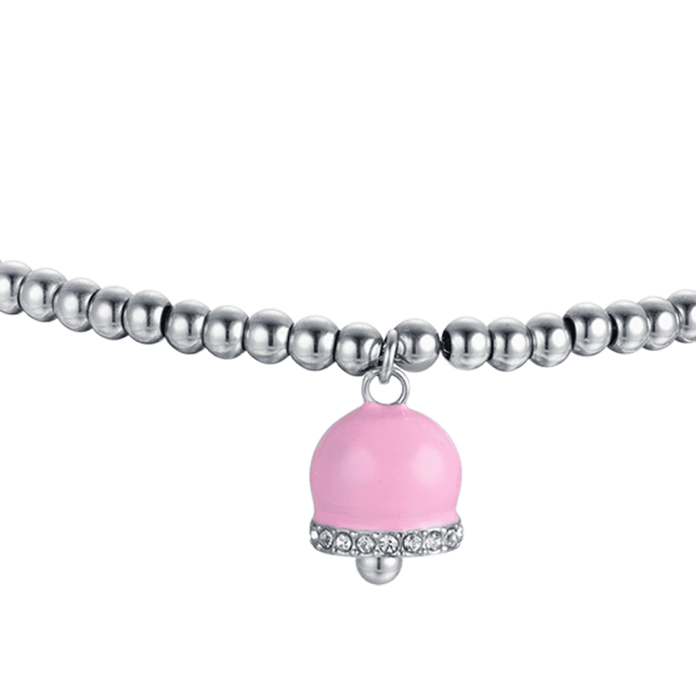WOMEN'S STEEL BRACELET WITH BELLS WITH PINK ENAMEL AND WHITE CRYSTALS