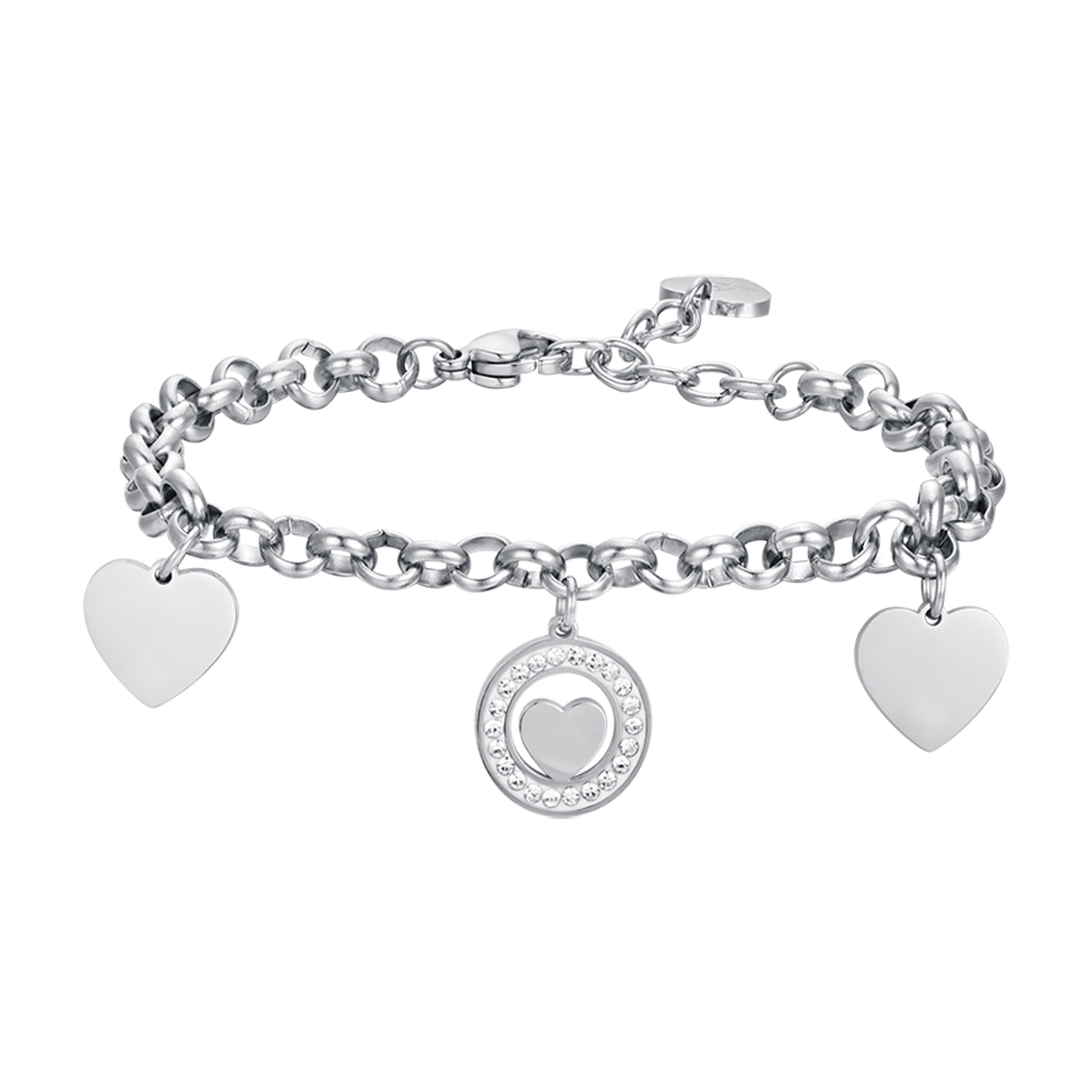 WOMEN'S STEEL BRACELET WITH HEARTS AND WHITE CRYSTALS