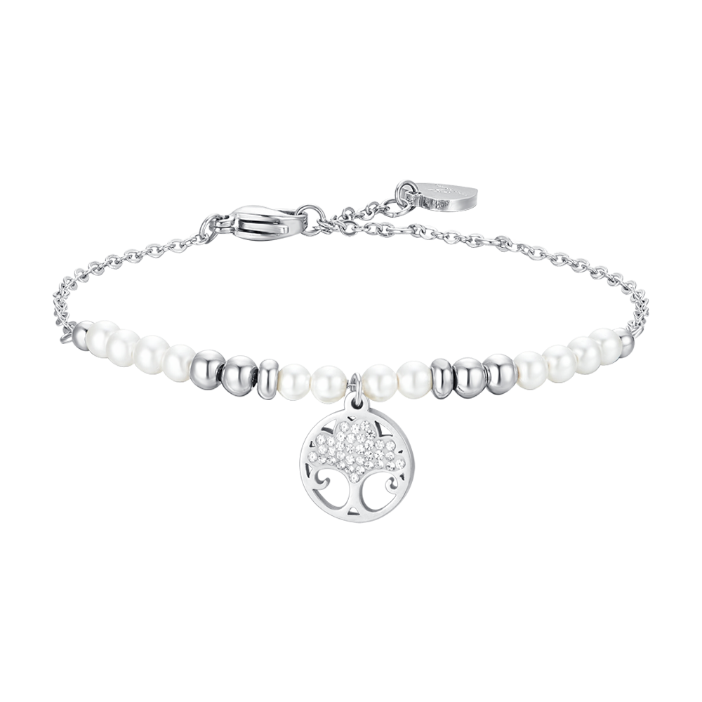 BRACCIALE DONNA IN ACCIAIO CON PERLE SINTETICHE E ALBERO DELLA VITA