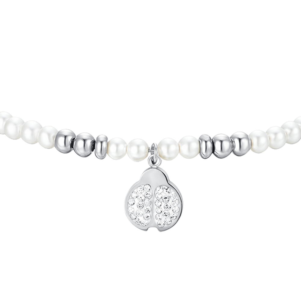 BRACCIALE DONNA IN ACCIAIO CON PERLE SINTETICHE E COCCINELLA