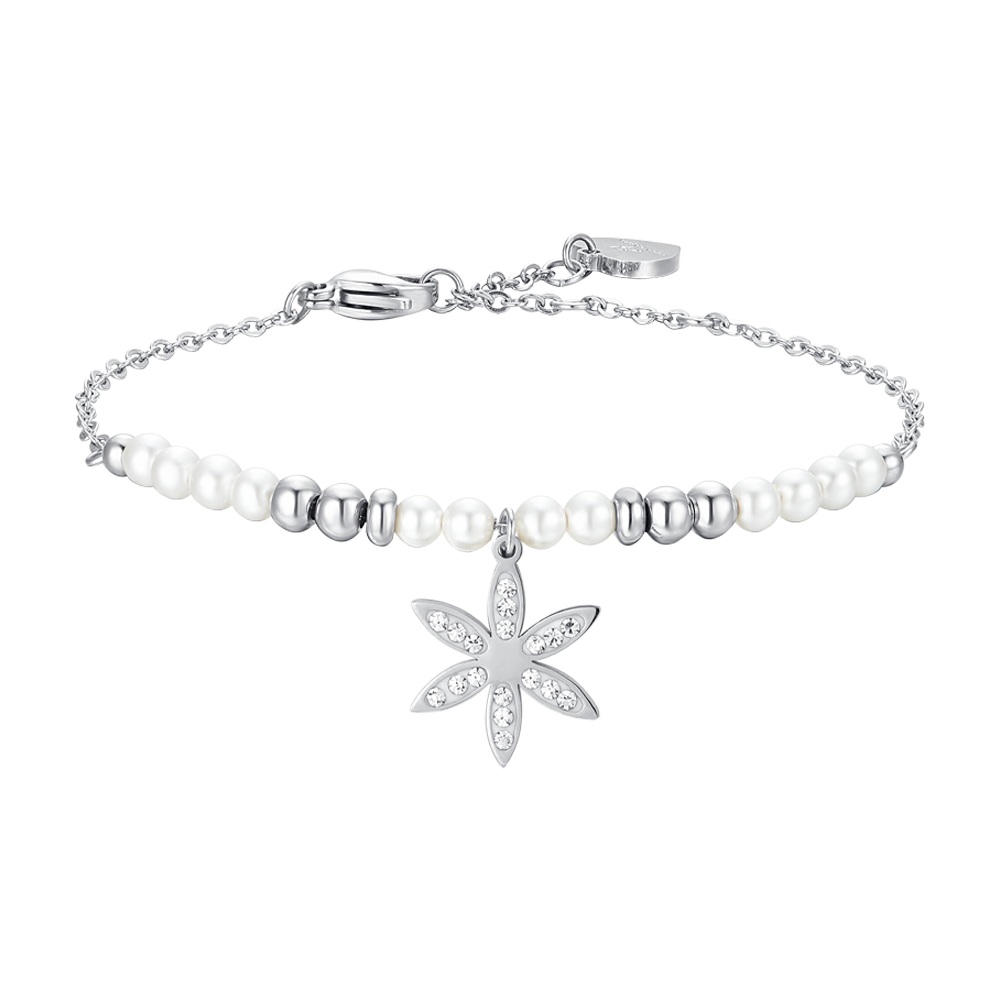 BRACCIALE DONNA IN ACCIAIO CON PERLE SINTETICHE E FIORE DELLA VITA