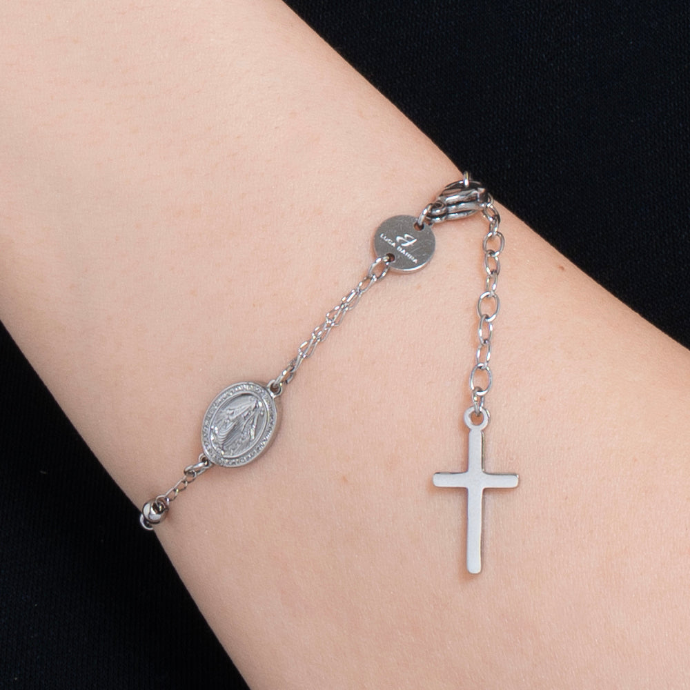 BRACCIALE DONNA ROSARIO IN ACCIAIO, MEDAGLIETTA CON MADONNINA MIRACOLOSA