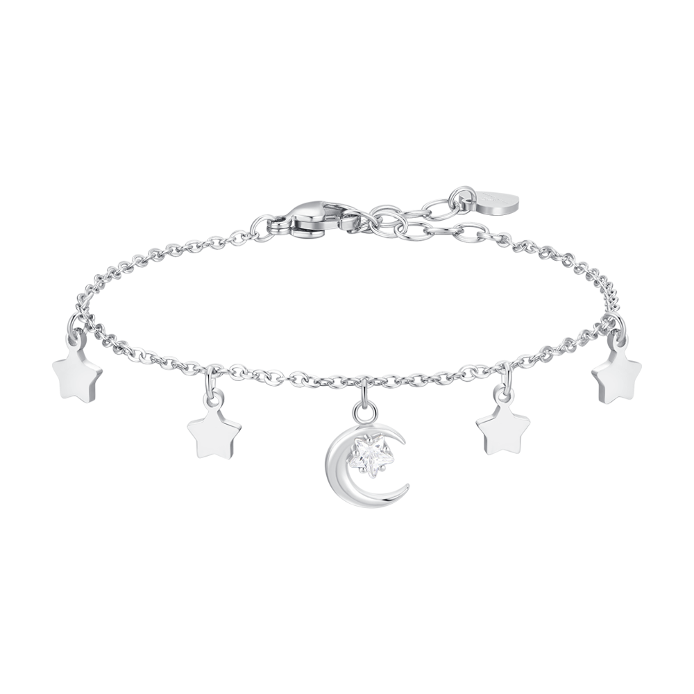 BRACCIALE DONNA IN ACCIAIO, LUNA CON ZIRCONE BIANCO E STELLE