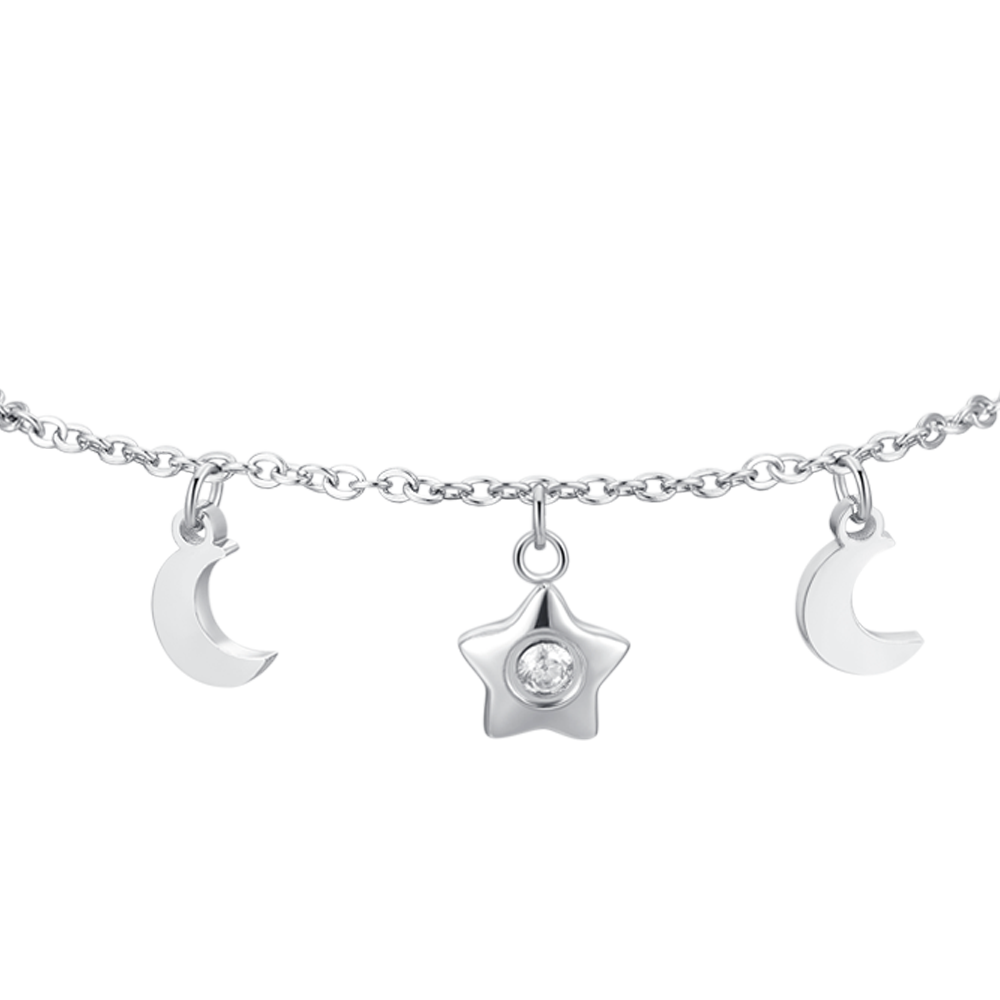 BRACCIALE DONNA IN ACCIAIO, STELLA CON ZIRCONE BIANCO, LUNE E STELLE