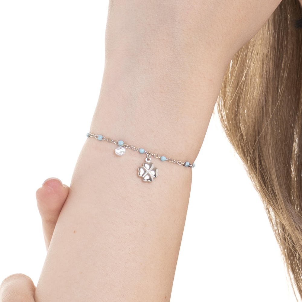 BRACCIALE DONNA IN ACCIAIO CON QUADRIFOGLIO,CRISTALLO E PIETRE CON SMALTO TURCHE