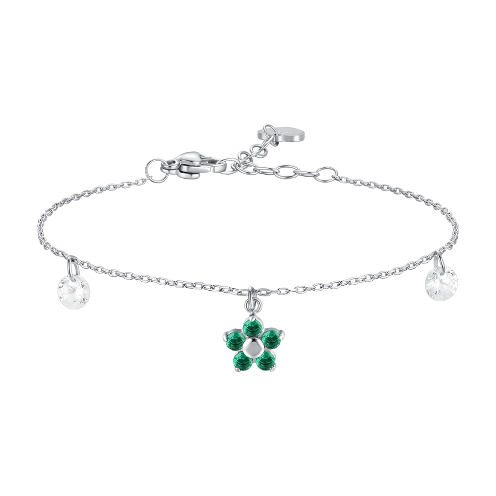 BRACCIALE DONNA IN ACCIAIO CON PENDENTE FIORE E PETALI ZIRCONE VERDE