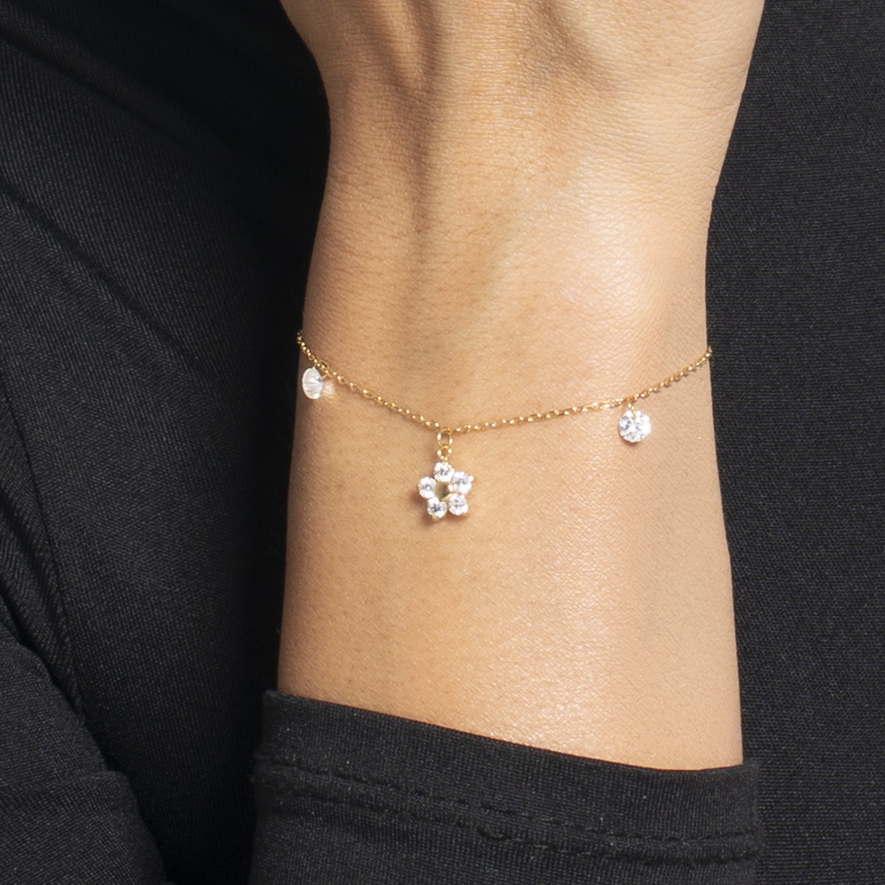 BRACCIALE DONNA IN ACCIAIO COLORE ORO CON PENDENTE FIORE E ZIRCONI BIANCHI