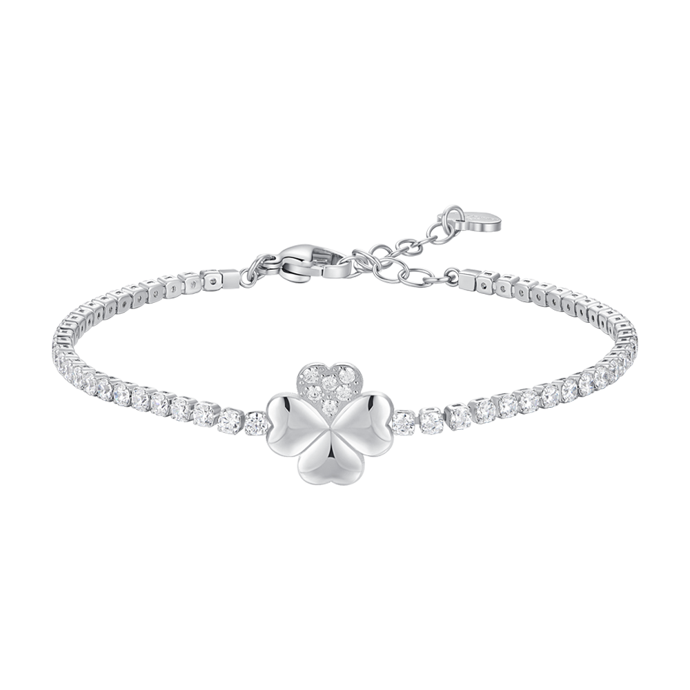 BRACCIALE TENNIS DONNA IN ACCIAIO CON QUADRIFOGLIO E PUNTI LUCE ZIRCONE BIANCO