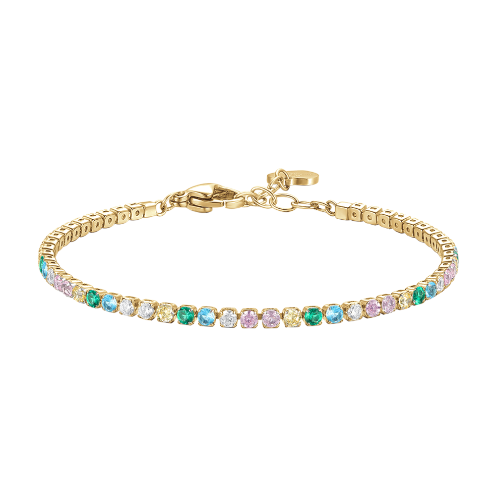 BRACCIALE TENNIS DONNA IN ACCIAIO COLORE ORO CON ZIRCONI MULTICOLOR