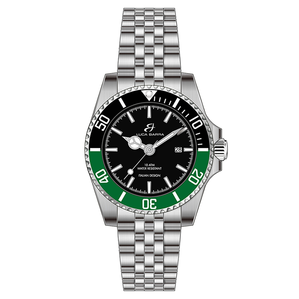 WATCH WITH STEEL CASE BLACK DIAL BLACK AND GREEN BEZEL