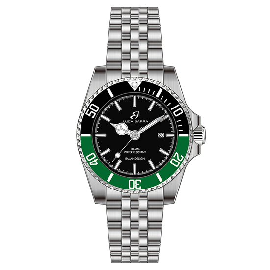 WATCH WITH STEEL CASE BLACK DIAL BLACK AND GREEN BEZEL