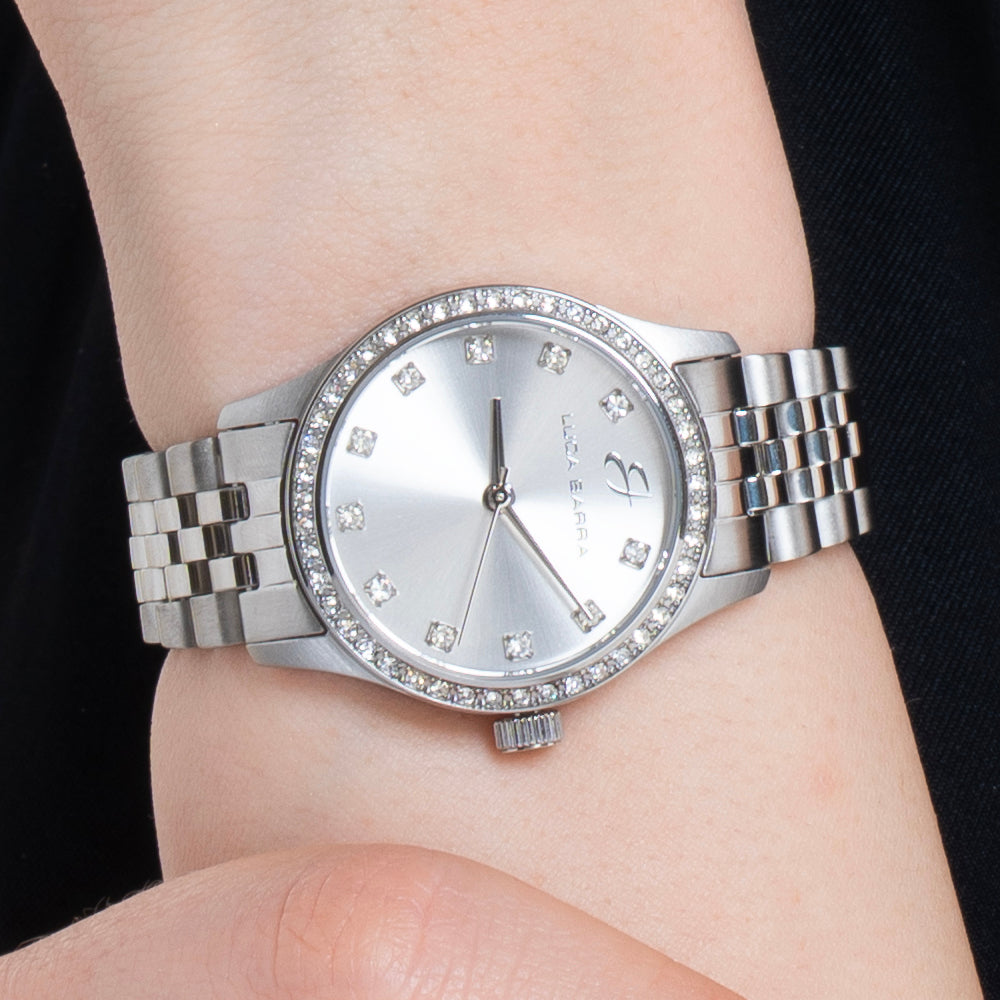 WOMEN'S STEEL WATCH WITH SILVER DIAL AND WHITE CRYSTAL BEZEL