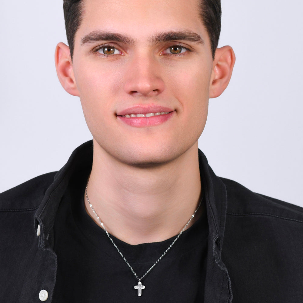 STEEL MEN'S CROSS AND WHITE CUBIC ZIRCONIA NECKLACE