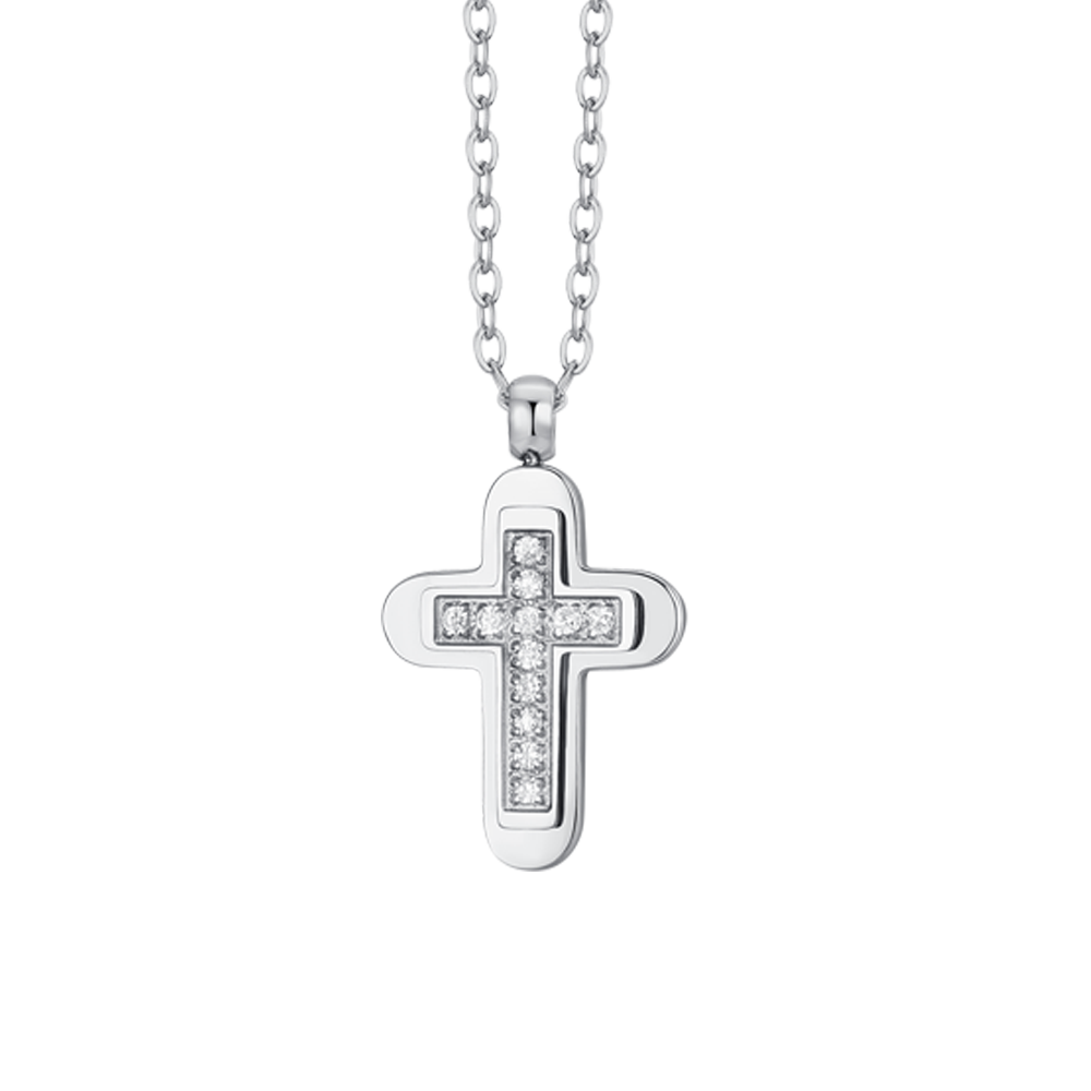 STEEL MEN'S CROSS AND WHITE CUBIC ZIRCONIA NECKLACE