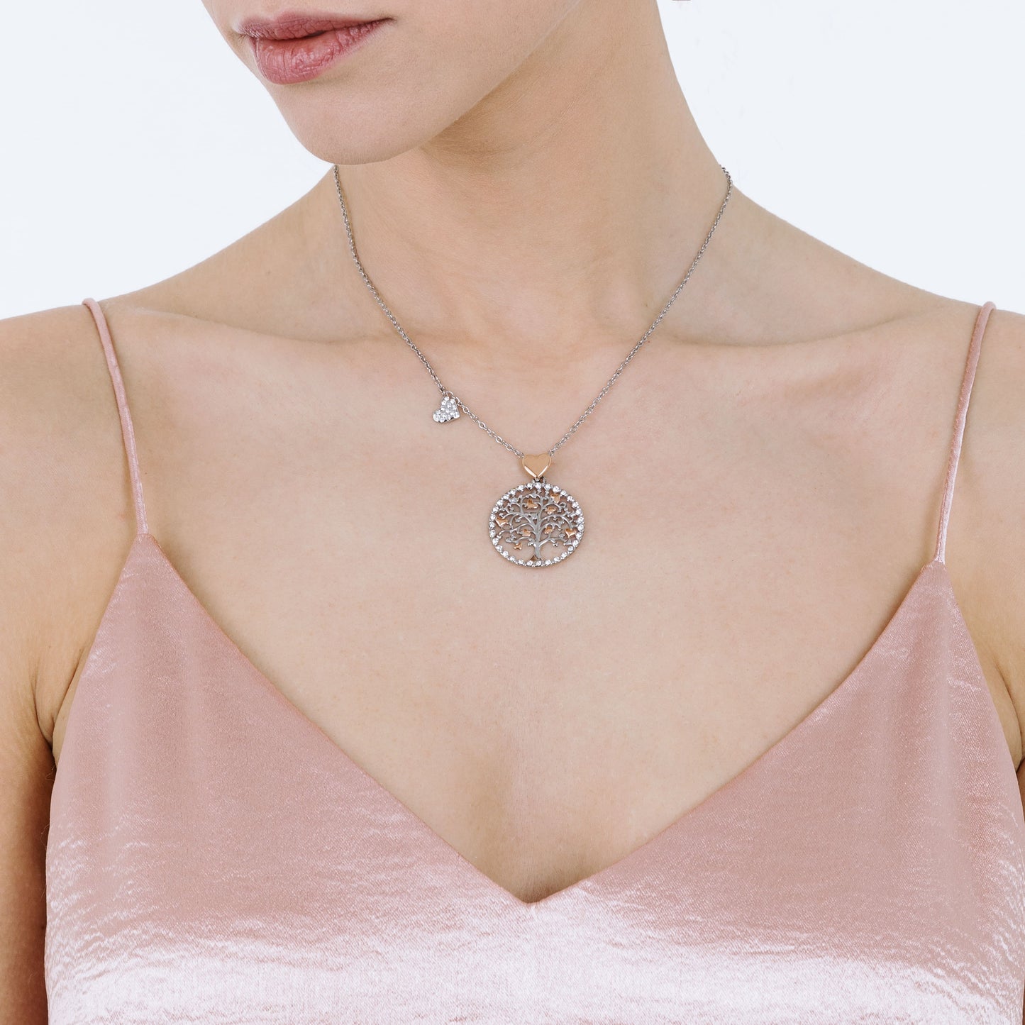 STEEL WOMEN'S NECKLACE, TREE OF LIFE WITH ROSE HEARTS'