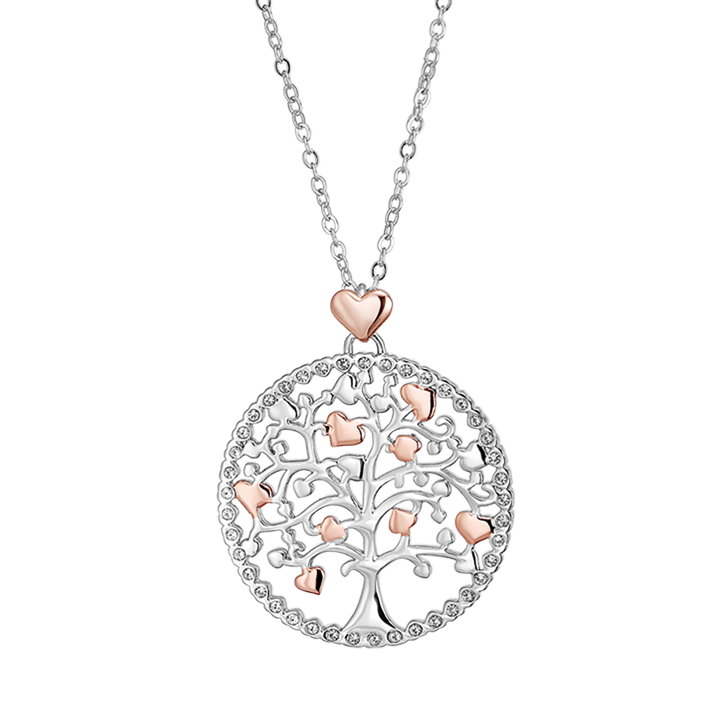 STEEL WOMEN'S NECKLACE, TREE OF LIFE WITH ROSE HEARTS'