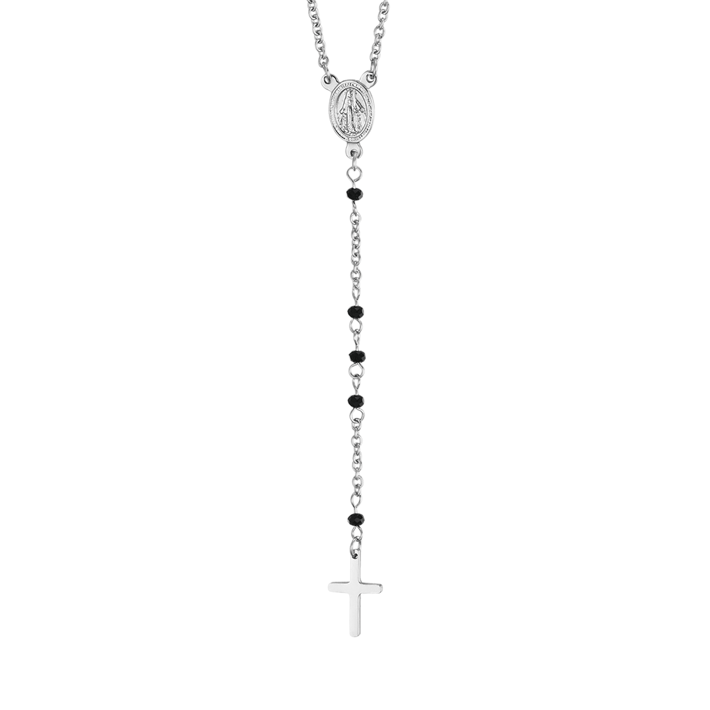 WOMEN'S STEEL ROSARY NECKLACE WITH BLACK CRYSTALS WITH PENDANT