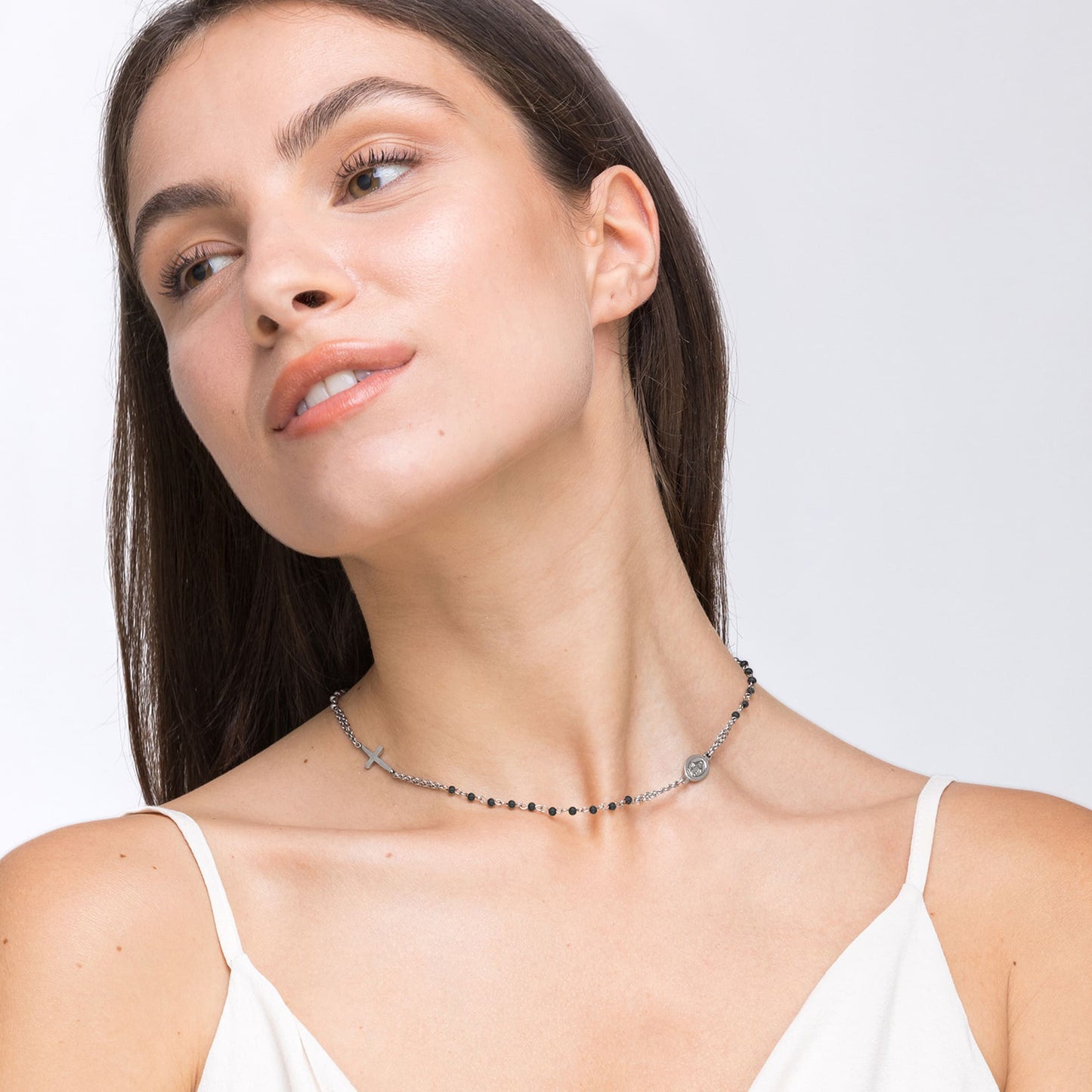 WOMEN'S STEEL ROSARY NECKLACE WITH BLACK CRYSTALS