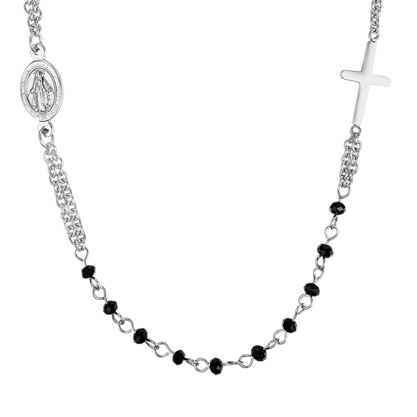 WOMEN'S STEEL ROSARY NECKLACE WITH BLACK CRYSTALS