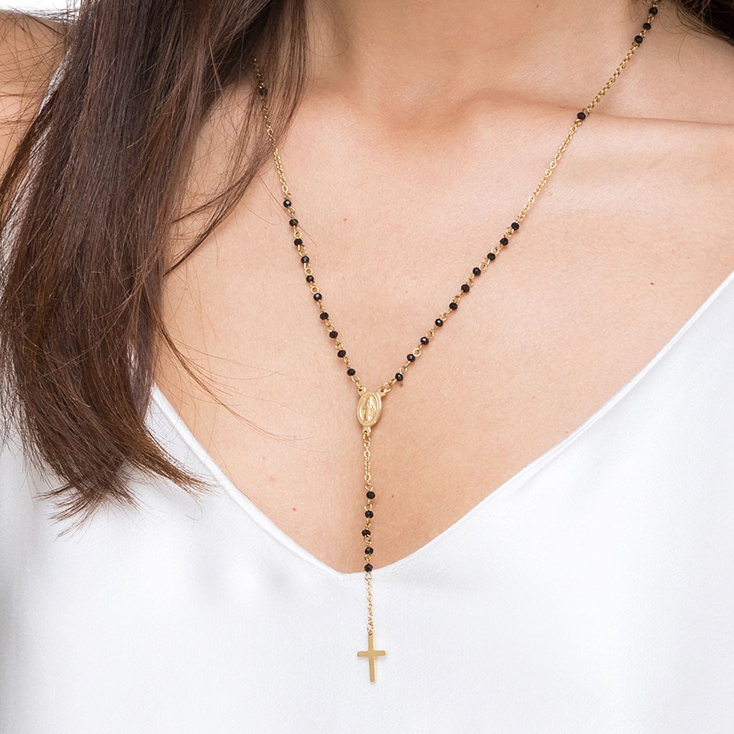 WOMEN'S STEEL ROSARY NECKLACE WITH BLACK CRYSTALS WITH PENDANT