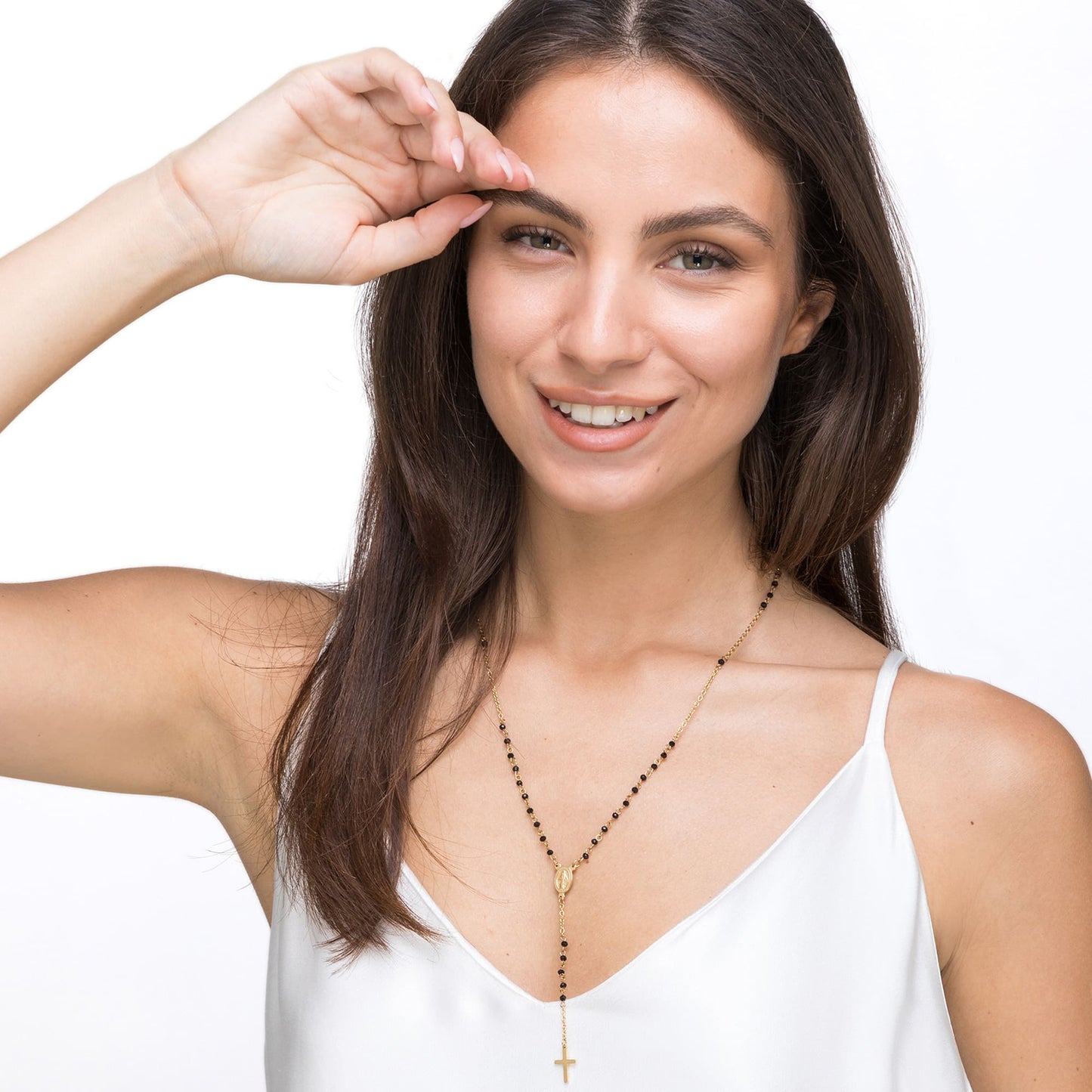 WOMEN'S STEEL ROSARY NECKLACE WITH BLACK CRYSTALS WITH PENDANT