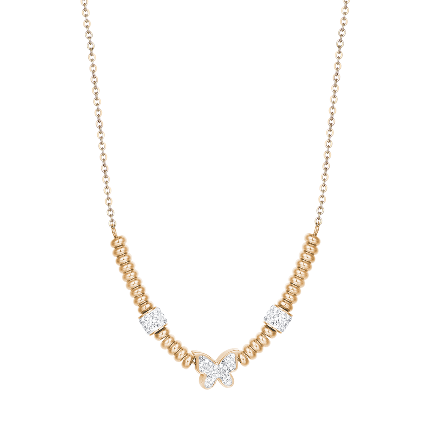 IP GOLD STEEL NECKLACE WITH BUTTERFLY WITH WHITE CRYSTALS