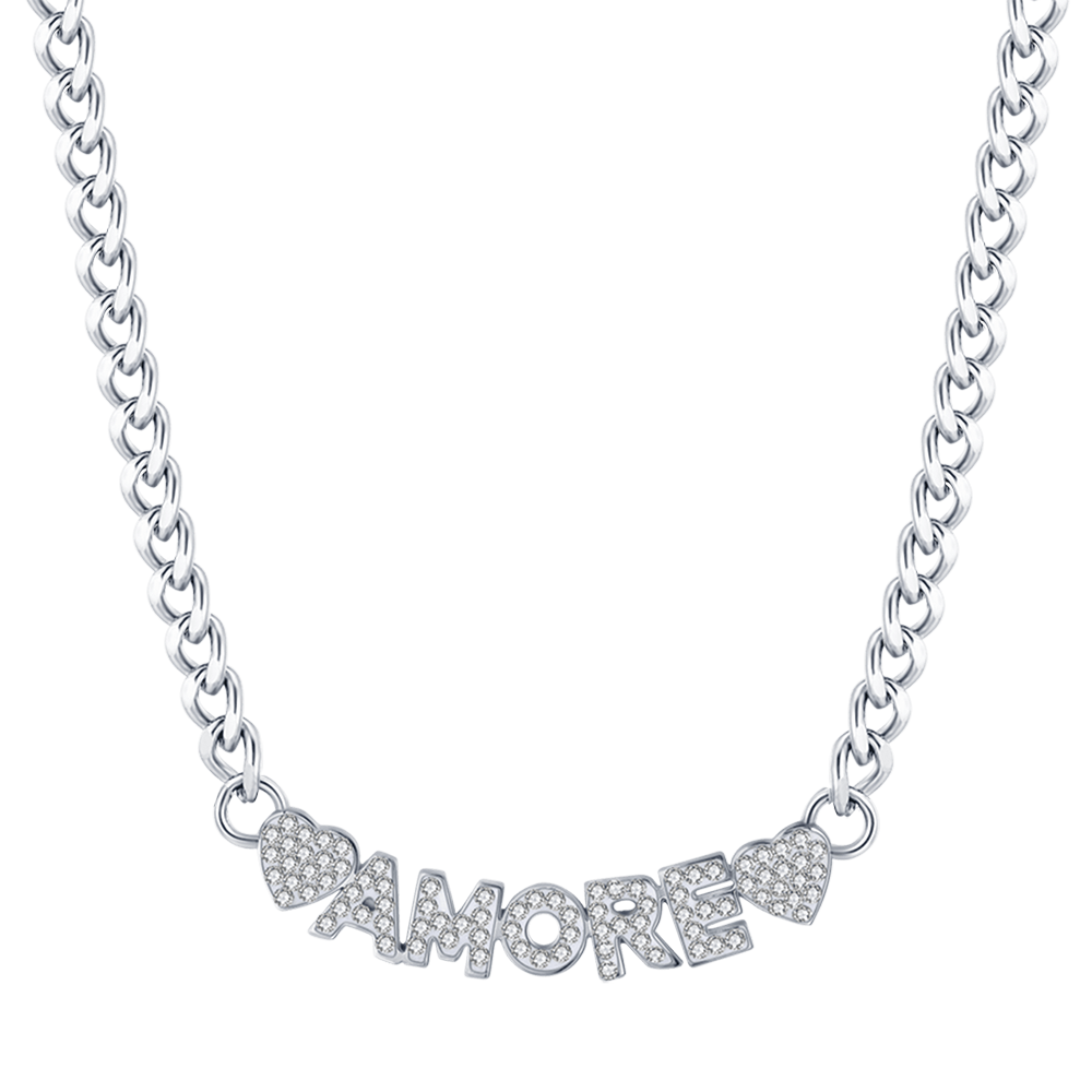 WOMEN'S STEEL LOVE NECKLACE WITH WHITE CRYSTALS
