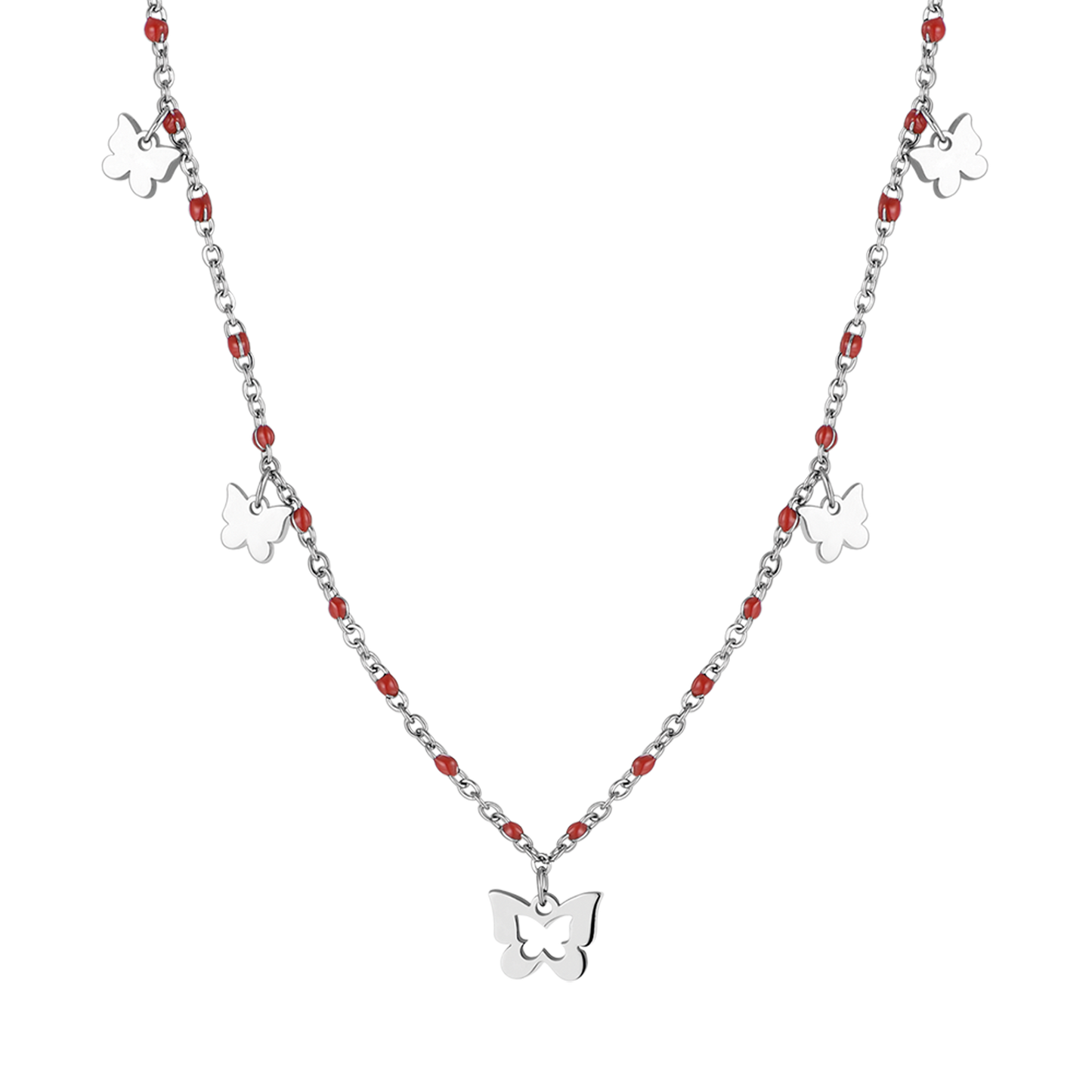 STEEL NECKLACE WITH BUTTERFLIES AND RED STONES
