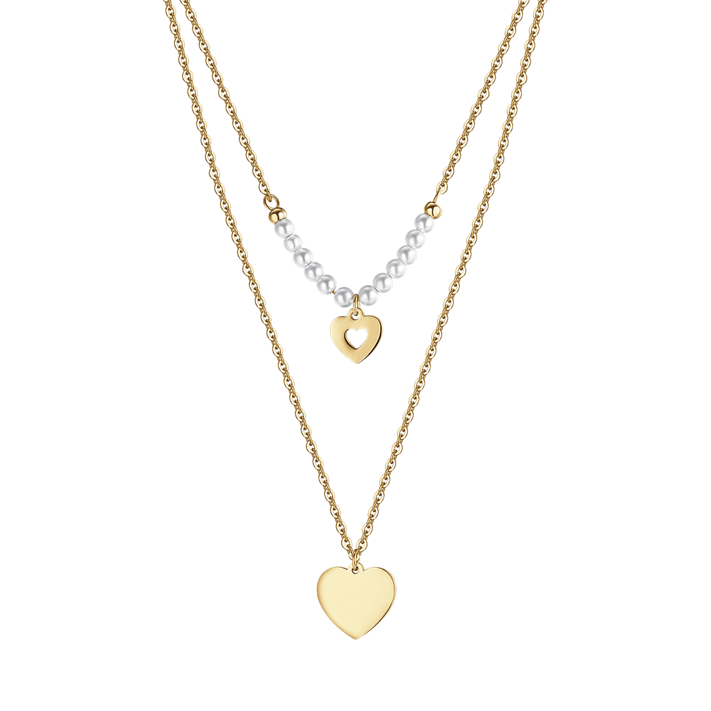 IP GOLD STEEL WOMEN'S NECKLACE WITH HEARTS AND WHITE PEARLS