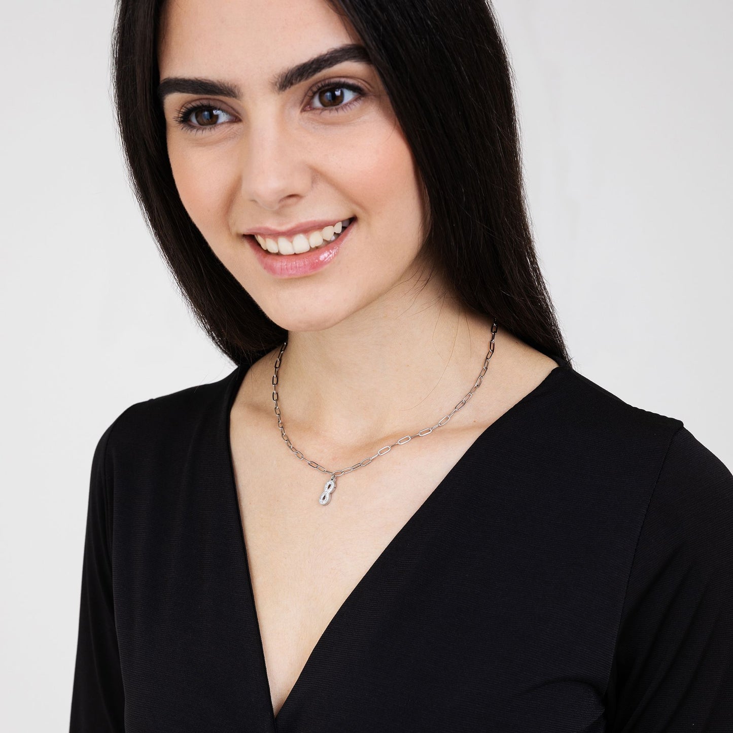 WOMEN'S STEEL NECKLACE WITH INFINITY AND WHITE CRYSTALS AND CHAIN LINK